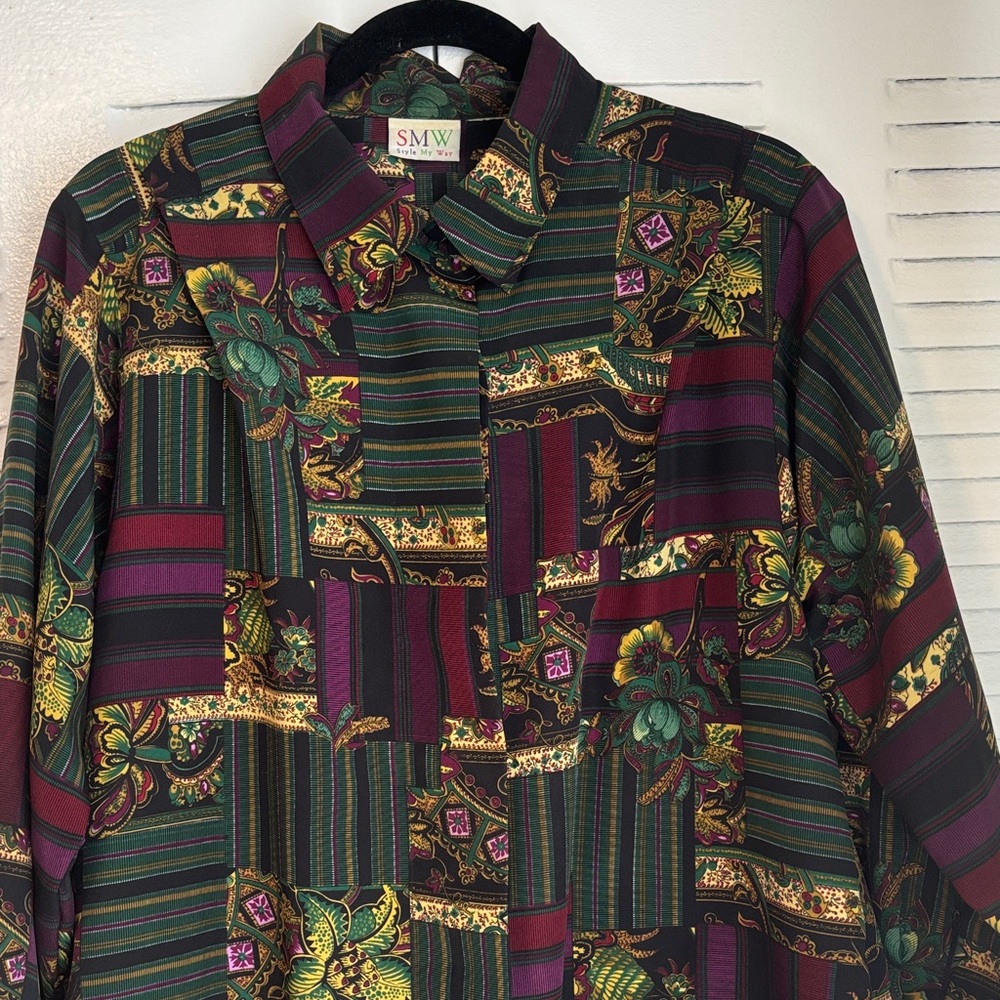SMW Women’s Vintage Patchwork Button-Down Shirt – Green & Burgundy - Picture 3 of 14